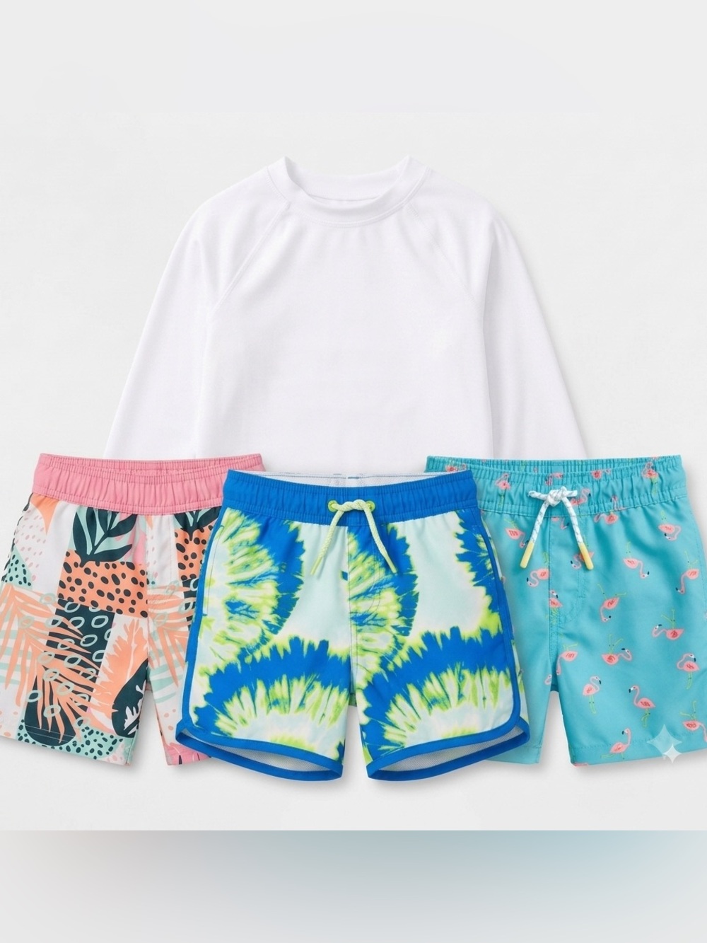Cat & Jack Boys Size 2T Swim Set: 3 Swim Trunks + White Rashguard Swim Shirt